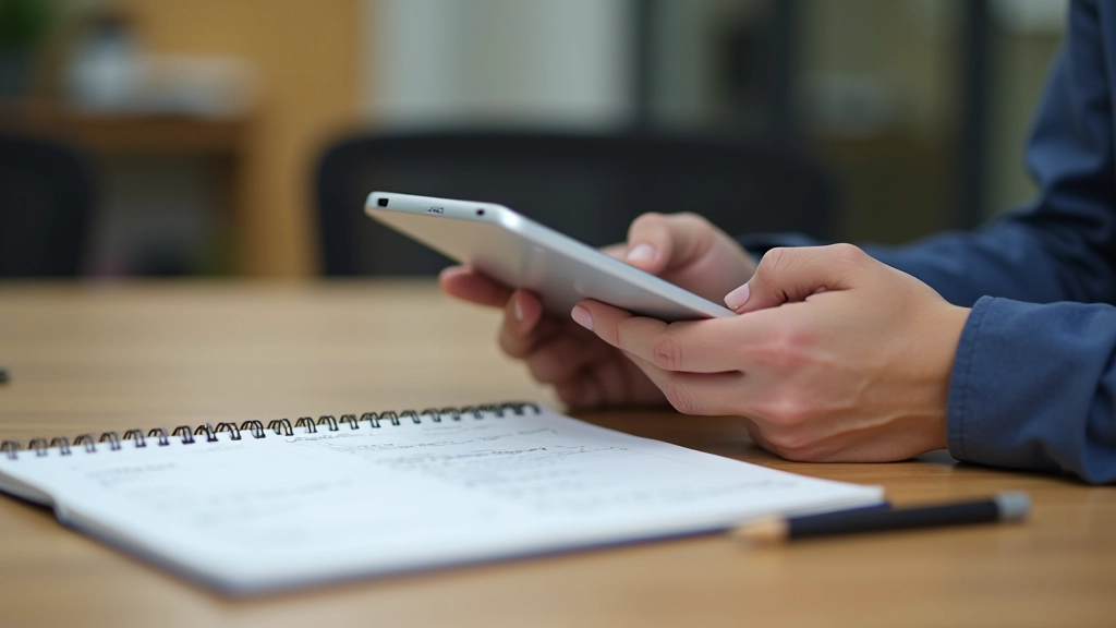 Nærbillede af tablet med finansiel app åben, person tager noter