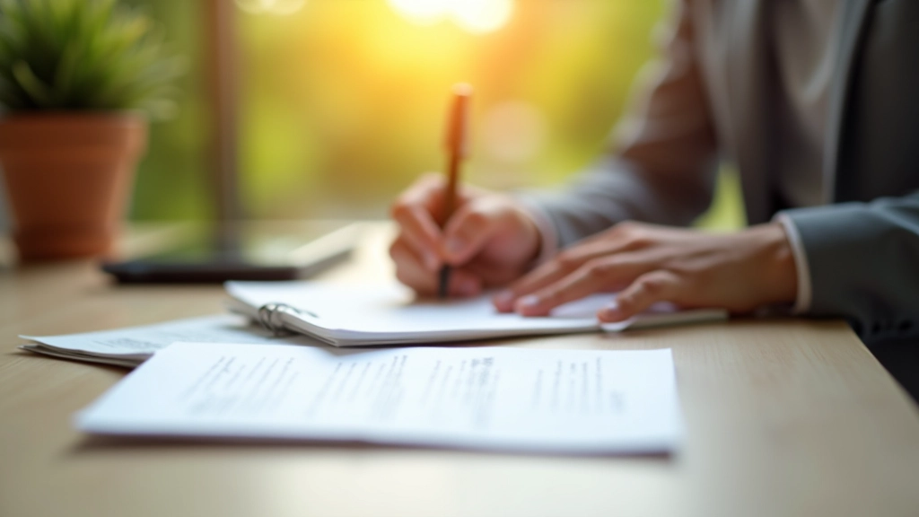 Skrivebord med notesbog, pen og finansielle noter i sommerlys, person arbejder på økonomisk planlægning