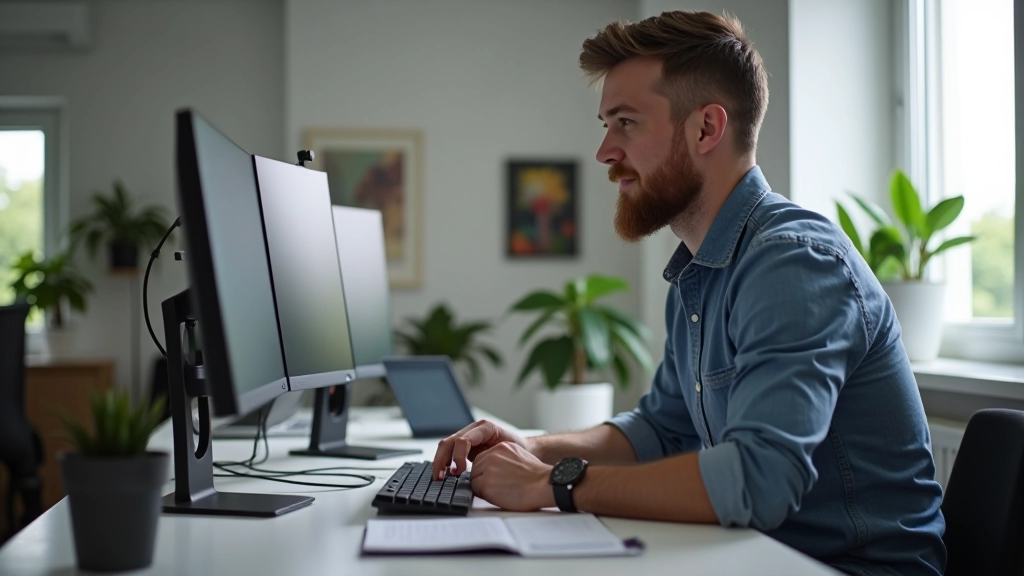 Grafiker arbejder på design projekt ved computerskærm med farvepalet synlig, moderne hjemmekontor med naturlys