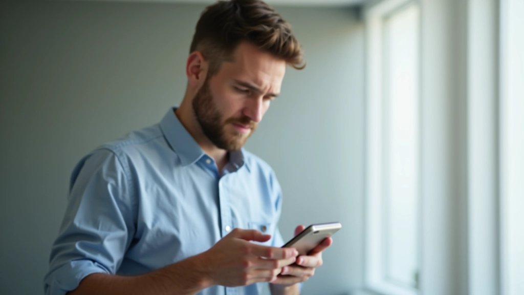 Ung mand der ser på telefonskærm med grafer, desillusioneret ansigt, minimalistisk kontor
