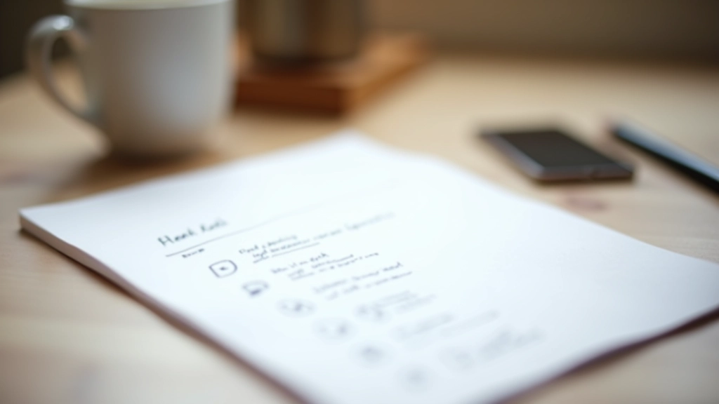 Notesbog med handlingsplan og checklistepunkter, blyant ligger ved siden af, hjemmekontor setting med kaffe i baggrund