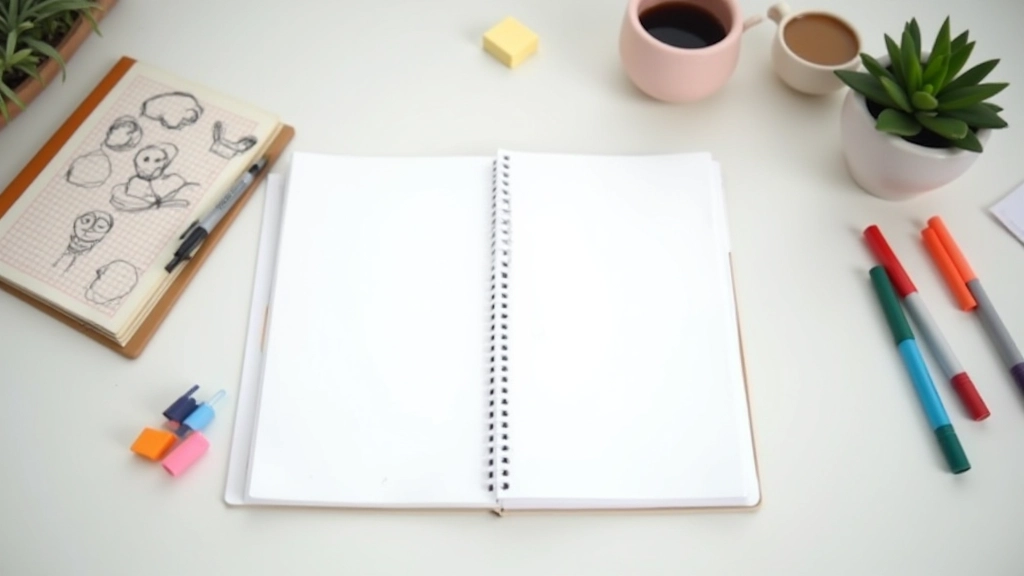 Oversigt over tabel med metoder og deres karakteristika, notesbog med sketcher, kulørte markeringsstifter