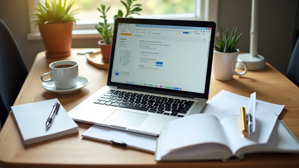 Laptop åben med flere faneblade, kaffe ved siden af, uorganiseret arbejdsplads