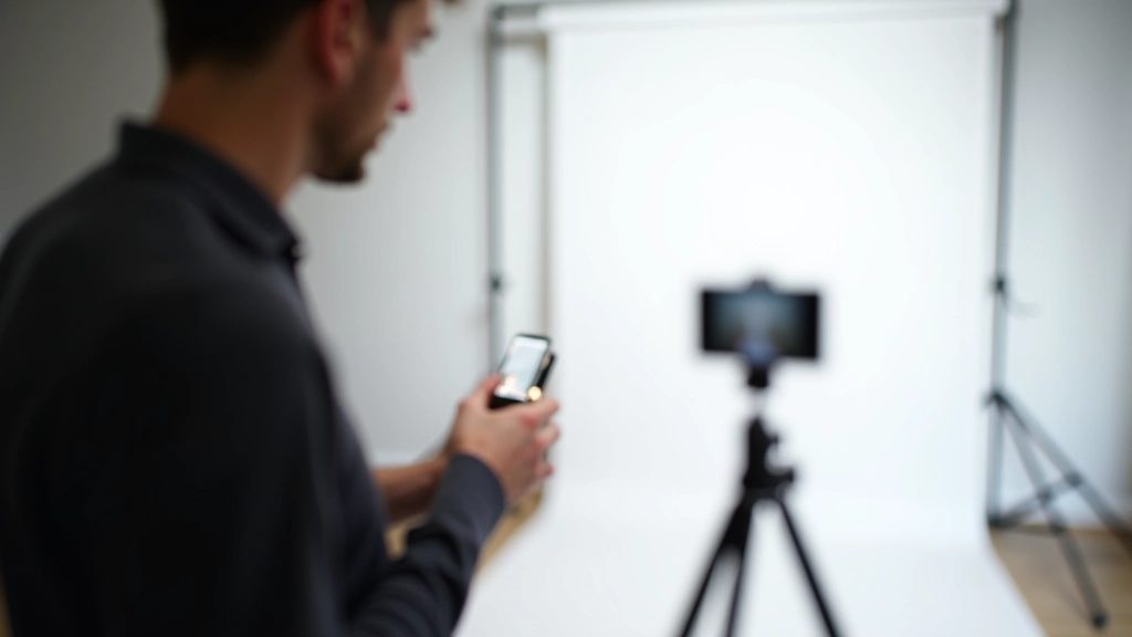 Person fotograferer produkter på hvid baggrund med smartphone og reflektorbræt, lille produktfoto setup derhjemme
