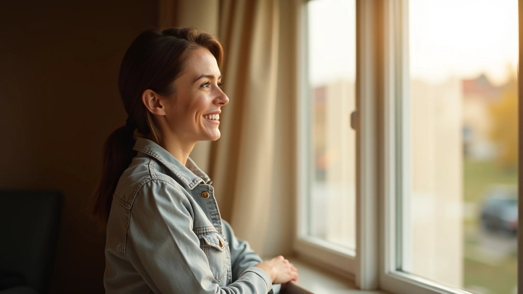 Person smilende ud af vindue, inspireret og klar til at starte, naturligt lys, håbefuld stemning