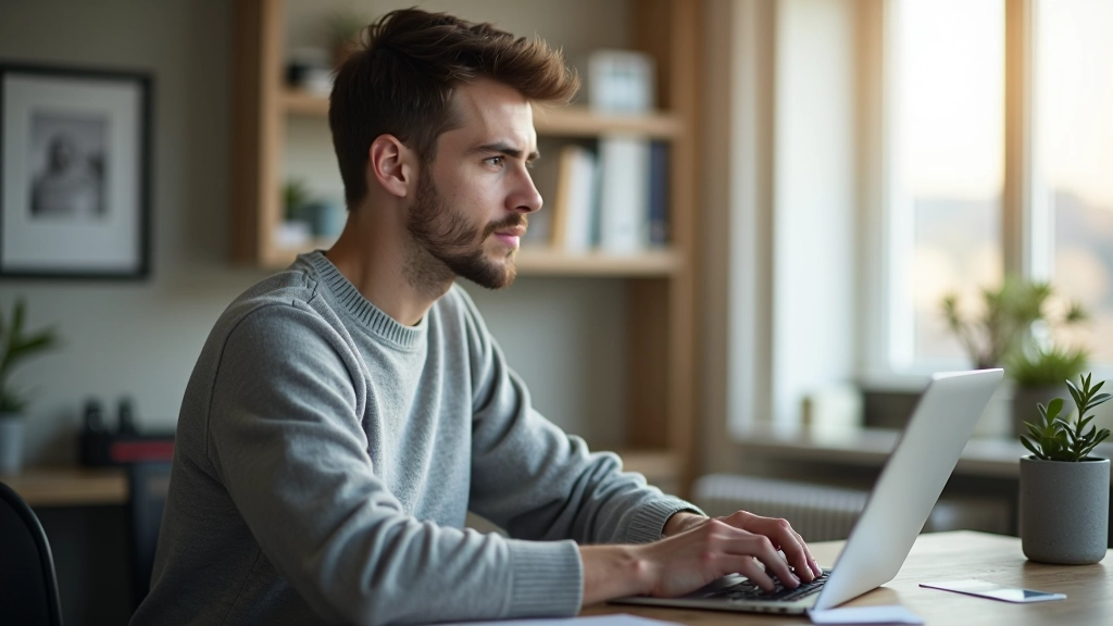 Person taler på videoopkald foran laptop, arbejdshjem indretning synlig