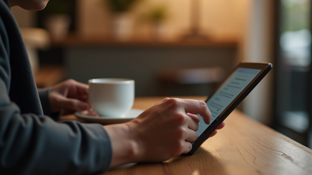 Person læser artikler på tablet med kaffe på siden, studiemiljø med varmt lys