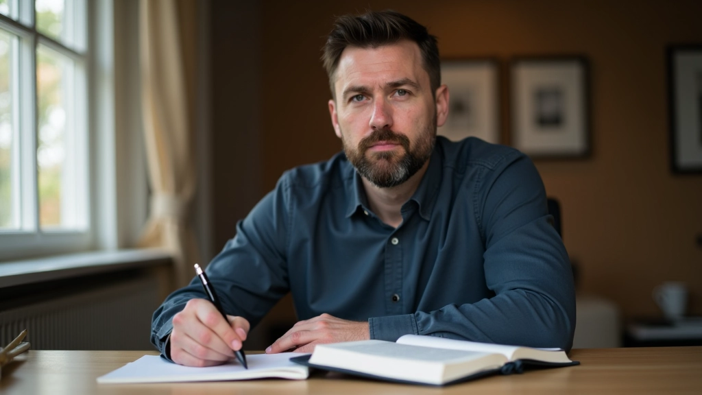 Person ved skrivebord med ordbog og notesbog, arbejder med sprogoversættelse, blandet dansk og engelsk tekst synlig på notespapir