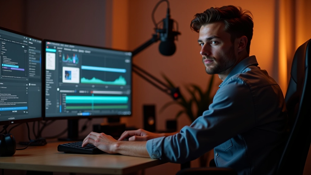 Person redigerer videoer på computerskærm med timeline og farvekorrektionsværktøjer synlig, studie-setup med mikrofon i baggrund