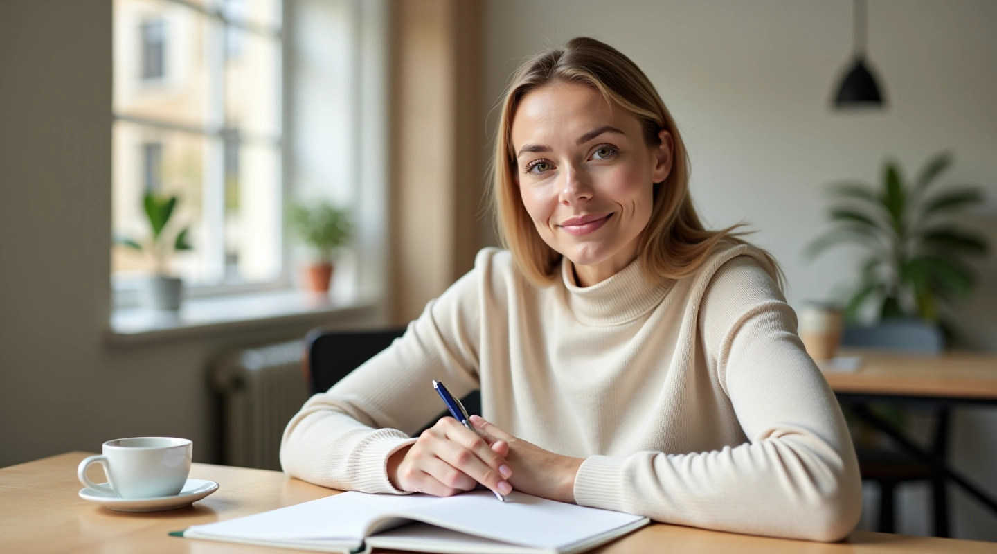 Kvinde sidder ved skrivebord med notesbog og kaffekop, arbejder på finansiel planlægning